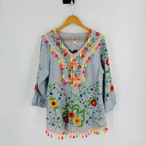 PONG 100% Cotton Embroidered Tassel Tunic Swim Cover Up Blue Stripe Floral M
